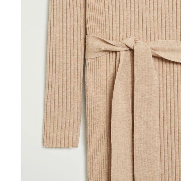ASOS Mango Bow embellished Dress knitted Ribbed Midi belted Cream tan camel Sz L - Picture 3 of 16
